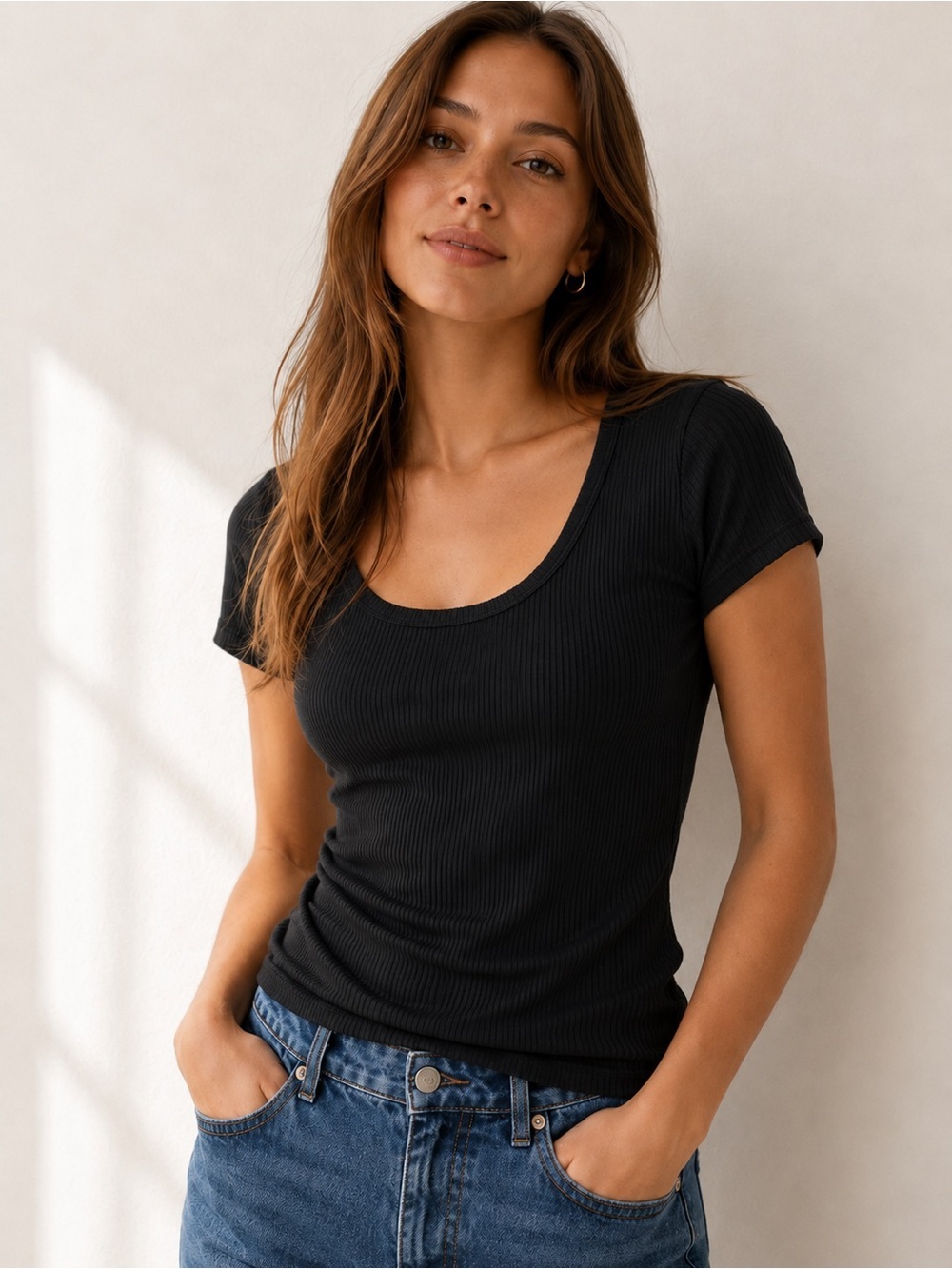 Talbots Black Ribbed Scoop Neck Stretch Knit Tee Shirt Classic Basic Large